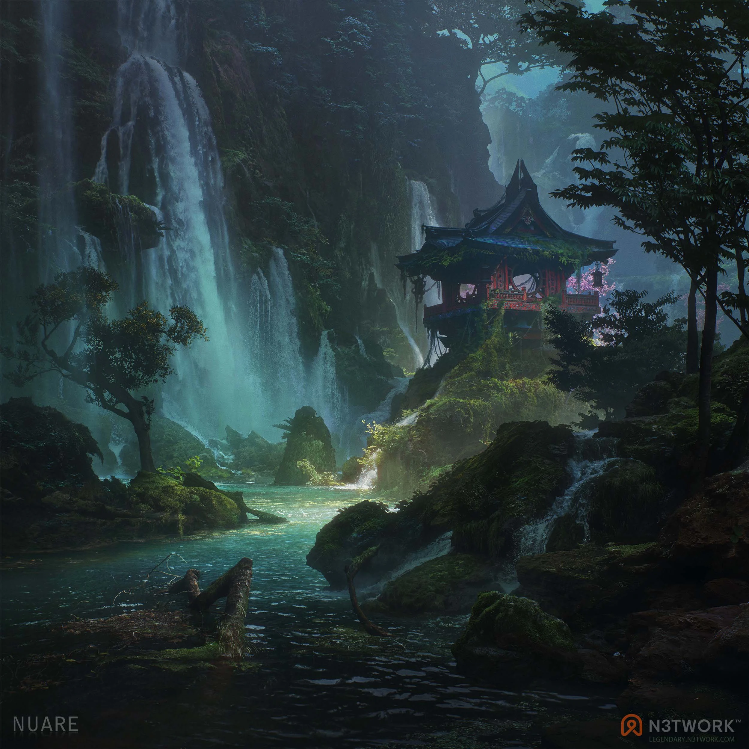 Waterfall sanctuary environment artwork by NUARE